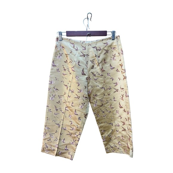T.T.MAR Bird Print Cropped Pants Silk Blend Gold Women's Small‎ - Picture 1 of 8